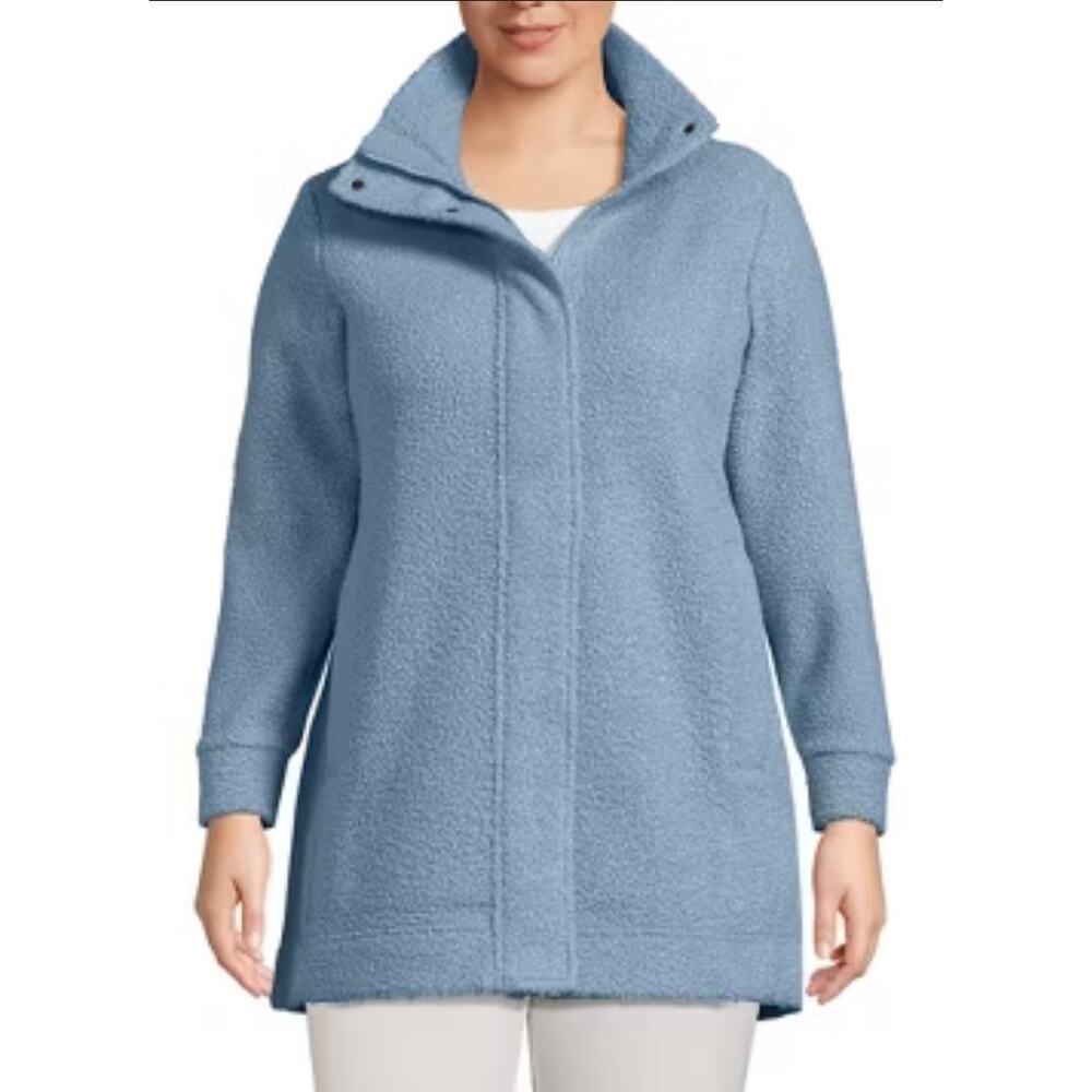 NWT Lands’ End Boucle Fleece Coat Pale Slate Blue Fuzzy Warm Fall Jacket Size 1X